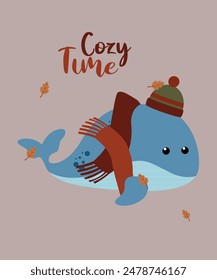  Flat Design Cozy Time Illustration with Cute Whale and Hat,Scarf