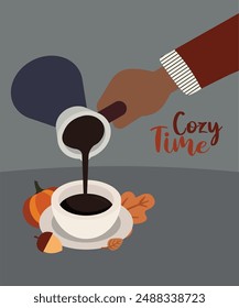 Ilustración de tiempo acogedor de diseño plano con taza de café, cuchara y mano