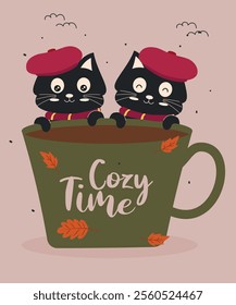 Flat Design Cozy Time Illustration with Two Black Cats and a Cup of Drink