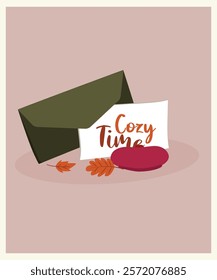 Flat Design Cozy Time Illustration with Envelope and Letter,Leaves,Beret