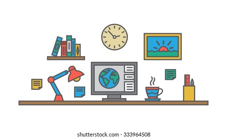 Flat design of creative designer workspace, office desk with desktop computer. Modern vector illustration concept, isolated on white background.