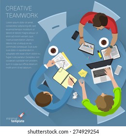 Flat design creative office workspace. Vector template.
