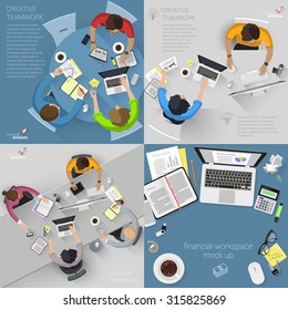 Flat Design Creative Office Workspace. Vector Template Collection. 