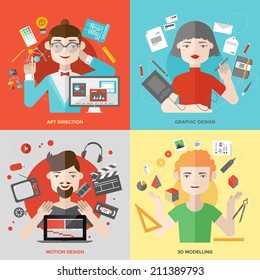 Flat design of creative people design occupations, art direction employment, 3D modeling artist job, motion graphic designer profession. Modern style vector illustration concept.  