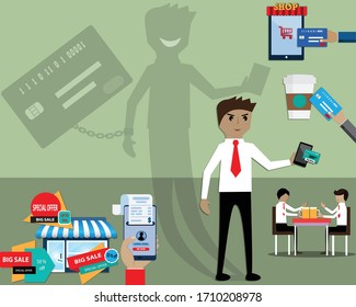 Flat design of credit card debt concept,People always broke because they had bad habits - vector illustration