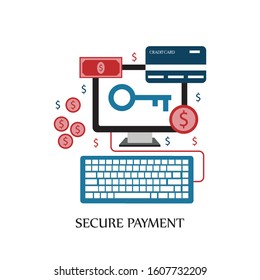 Flat design of credit card secure payment with computer and key board