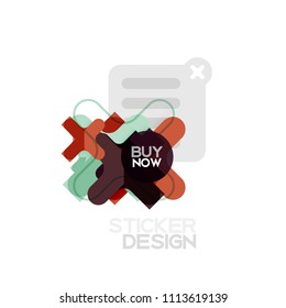 Flat design cross shape geometric sticker icon, paper style design with buy now sample text, for business or web presentation, app or interface buttons, internet website store banners and labels
