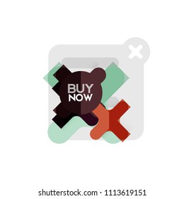 Flat design cross shape geometric sticker icon, paper style design with buy now sample text, for business or web presentation, app or interface buttons, internet website store banners and labels