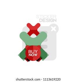 Flat design cross shape geometric sticker icon, paper style design with buy now sample text, for business or web presentation, app or interface buttons, internet website store banners and labels