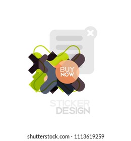 Flat design cross shape geometric sticker icon, paper style design with buy now sample text, for business or web presentation, app or interface buttons, internet website store banners and labels
