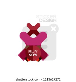 Flat design cross shape geometric sticker icon, paper style design with buy now sample text, for business or web presentation, app or interface buttons, internet website store banners and labels
