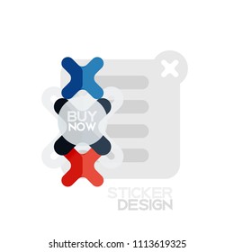 Flat design cross shape geometric sticker icon, paper style design with buy now sample text, for business or web presentation, app or interface buttons, internet website store banners and labels
