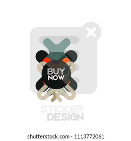 Icono de pegatina geométrica de diseño plano cruzado, diseño de estilo de papel con texto de ejemplo de compra ahora, para presentación de negocios o web, botones de aplicación o interfaz, banderas y etiquetas de tienda de sitios web de Internet