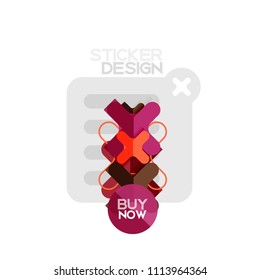 Flat design cross shape geometric sticker icon, paper style design with buy now sample text, for business or web presentation, app or interface buttons, internet website store banners and labels