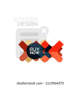 Flat design cross shape geometric sticker icon, paper style design with buy now sample text, for business or web presentation, app or interface buttons, internet website store banners and labels