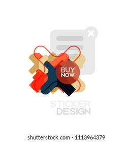 Icono de pegatina geométrica de diseño plano cruzado, diseño de estilo de papel con texto de ejemplo de compra ahora, para presentación de negocios o web, botones de aplicación o interfaz, banderas y etiquetas de tienda de sitios web de Internet
