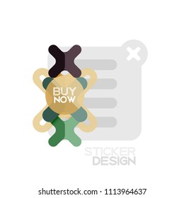 Flat design cross shape geometric sticker icon, paper style design with buy now sample text, for business or web presentation, app or interface buttons, internet website store banners and labels