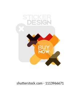 Icono de pegatina geométrica de diseño plano cruzado, diseño de estilo de papel con texto de ejemplo de compra ahora, para presentación de negocios o web, botones de aplicación o interfaz, banderas y etiquetas de tienda de sitios web de Internet