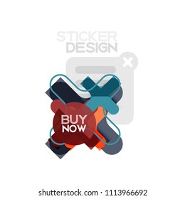 Flat design cross shape geometric sticker icon, paper style design with buy now sample text, for business or web presentation, app or interface buttons, internet website store banners and labels