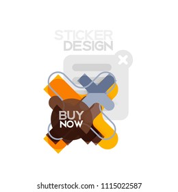 Icono de pegatina geométrica de diseño plano cruzado, diseño de estilo de papel con texto de ejemplo de compra ahora, para presentación de negocios o web, botones de aplicación o interfaz, banderas y etiquetas de tienda de sitios web de Internet