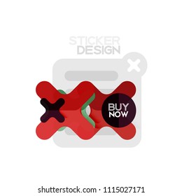 Icono de pegatina geométrica de diseño plano cruzado, diseño de estilo de papel con texto de ejemplo de compra ahora, para presentación de negocios o web, botones de aplicación o interfaz, banderas y etiquetas de tienda de sitios web de Internet