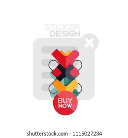 Flat design cross shape geometric sticker icon, paper style design with buy now sample text, for business or web presentation, app or interface buttons, internet website store banners and labels