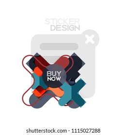 Flat design cross shape geometric sticker icon, paper style design with buy now sample text, for business or web presentation, app or interface buttons, internet website store banners and labels