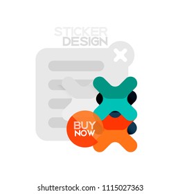 Icono de pegatina geométrica de diseño plano cruzado, diseño de estilo de papel con texto de ejemplo de compra ahora, para presentación de negocios o web, botones de aplicación o interfaz, banderas y etiquetas de tienda de sitios web de Internet
