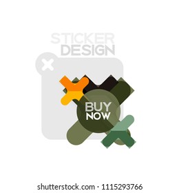 Flat design cross shape geometric sticker icon, paper style design with buy now sample text, for business or web presentation, app or interface buttons, internet website store banners and labels