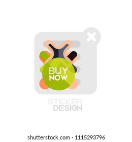 Icono de pegatina geométrica de diseño plano cruzado, diseño de estilo de papel con texto de ejemplo de compra ahora, para presentación de negocios o web, botones de aplicación o interfaz, banderas y etiquetas de tienda de sitios web de Internet
