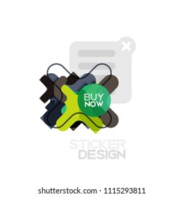 Icono de pegatina geométrica de diseño plano cruzado, diseño de estilo de papel con texto de ejemplo de compra ahora, para presentación de negocios o web, botones de aplicación o interfaz, banderas y etiquetas de tienda de sitios web de Internet