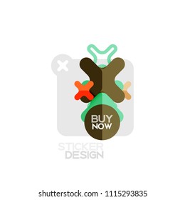 Flat design cross shape geometric sticker icon, paper style design with buy now sample text, for business or web presentation, app or interface buttons, internet website store banners and labels