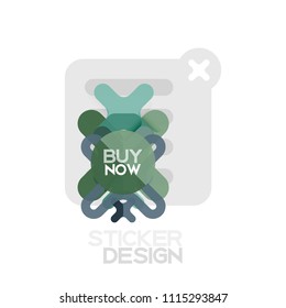 Ícone de adesivo geométrico de forma transversal de design plano, design de estilo de papel com texto de amostra de comprar agora, para apresentação na Web ou em negócios, botões de aplicativo ou interface, banners e rótulos de loja de sites da internet