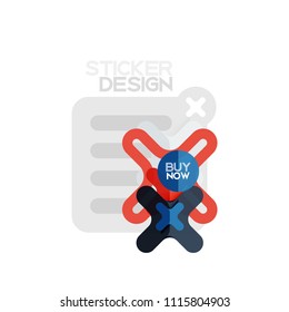 Icono de pegatina geométrica de diseño plano cruzado, diseño de estilo de papel con texto de ejemplo de compra ahora, para presentación de negocios o web, botones de aplicación o interfaz, banderas y etiquetas de tienda de sitios web de Internet
