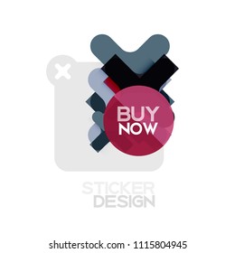 Flat design cross shape geometric sticker icon, paper style design with buy now sample text, for business or web presentation, app or interface buttons, internet website store banners and labels