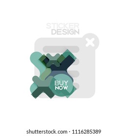 Flat design cross shape geometric sticker icon, paper style design with buy now sample text, for business or web presentation, app or interface buttons, internet website store banners and labels