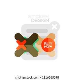 Icono de pegatina geométrica de diseño plano cruzado, diseño de estilo de papel con texto de ejemplo de compra ahora, para presentación de negocios o web, botones de aplicación o interfaz, banderas y etiquetas de tienda de sitios web de Internet