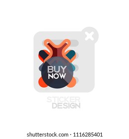 Icono de pegatina geométrica de diseño plano cruzado, diseño de estilo de papel con texto de ejemplo de compra ahora, para presentación de negocios o web, botones de aplicación o interfaz, banderas y etiquetas de tienda de sitios web de Internet