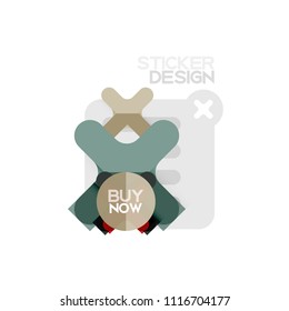 Icono de pegatina geométrica de diseño plano cruzado, diseño de estilo de papel con texto de ejemplo de compra ahora, para presentación de negocios o web, botones de aplicación o interfaz, banderas y etiquetas de tienda de sitios web de Internet
