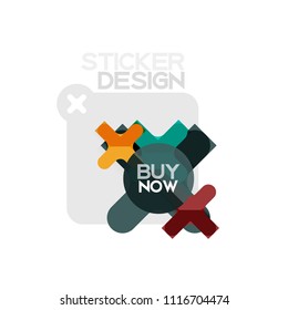 Flat design cross shape geometric sticker icon, paper style design with buy now sample text, for business or web presentation, app or interface buttons, internet website store banners and labels