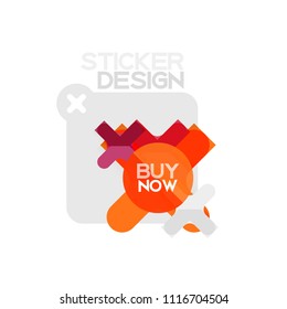 Flat design cross shape geometric sticker icon, paper style design with buy now sample text, for business or web presentation, app or interface buttons, internet website store banners and labels