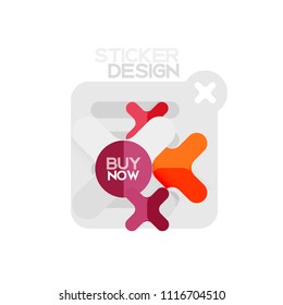 Flat design cross shape geometric sticker icon, paper style design with buy now sample text, for business or web presentation, app or interface buttons, internet website store banners and labels
