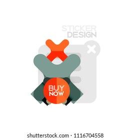 Flat design cross shape geometric sticker icon, paper style design with buy now sample text, for business or web presentation, app or interface buttons, internet website store banners and labels
