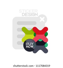 Flat design cross shape geometric sticker icon, paper style design with buy now sample text, for business or web presentation, app or interface buttons, internet website store banners and labels