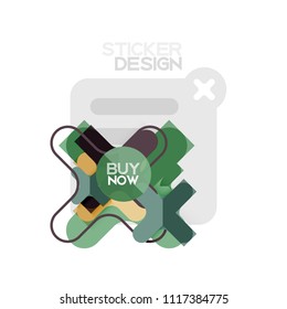 Icono de pegatina geométrica de diseño plano cruzado, diseño de estilo de papel con texto de ejemplo de compra ahora, para presentación de negocios o web, botones de aplicación o interfaz, banderas y etiquetas de tienda de sitios web de Internet