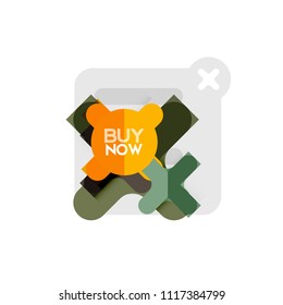 Flat design cross shape geometric sticker icon, paper style design with buy now sample text, for business or web presentation, app or interface buttons, internet website store banners and labels