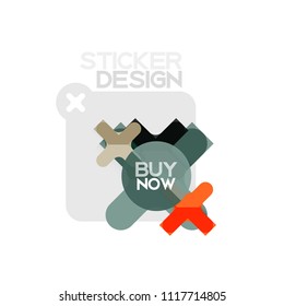 Flat design cross shape geometric sticker icon, paper style design with buy now sample text, for business or web presentation, app or interface buttons, internet website store banners and labels