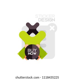 Flat design cross shape geometric sticker icon, paper style design with buy now sample text, for business or web presentation, app or interface buttons, internet website store banners and labels