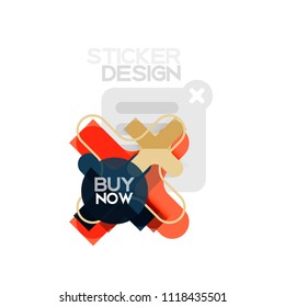 Flat design cross shape geometric sticker icon, paper style design with buy now sample text, for business or web presentation, app or interface buttons, internet website store banners and labels