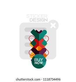 Flat design cross shape geometric sticker icon, paper style design with buy now sample text, for business or web presentation, app or interface buttons, internet website store banners and labels